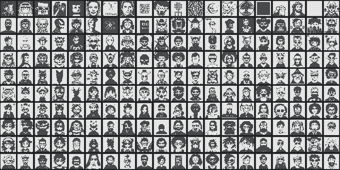 A grid collage of many small, black-and-white pixel art avatars showing a variety of character designs, hairstyles, and facial features.