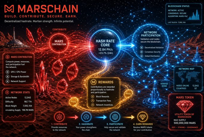 An infographic for "MARSCHAIN" with the tagline "BUILD. CONTRIBUTE. SECURE. EARN." describing decentralized hashing, network participation, rewards, and the MARS token.