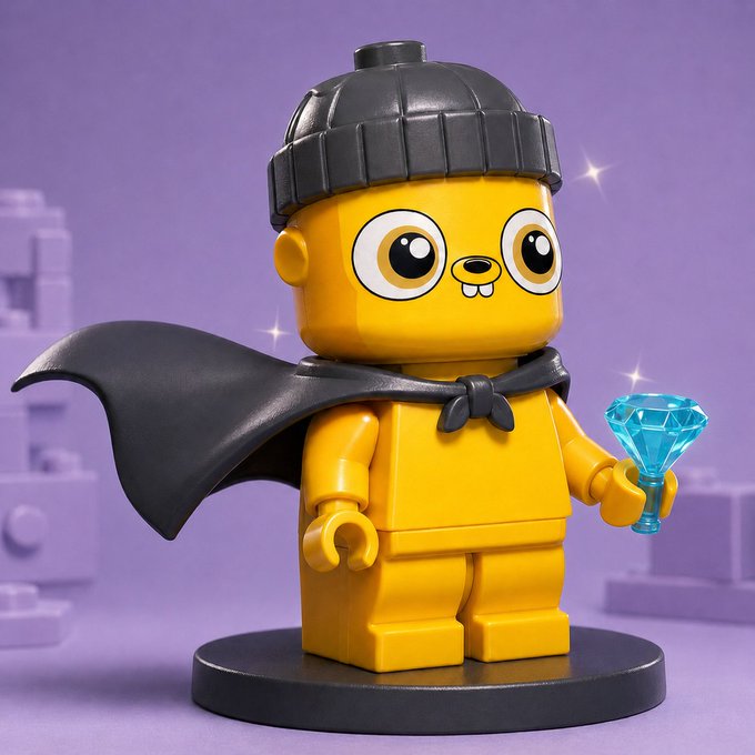 A LEGO minifigure styled like a duck/bunny character wearing a black beanie and cape, holding a blue diamond against a purple background.