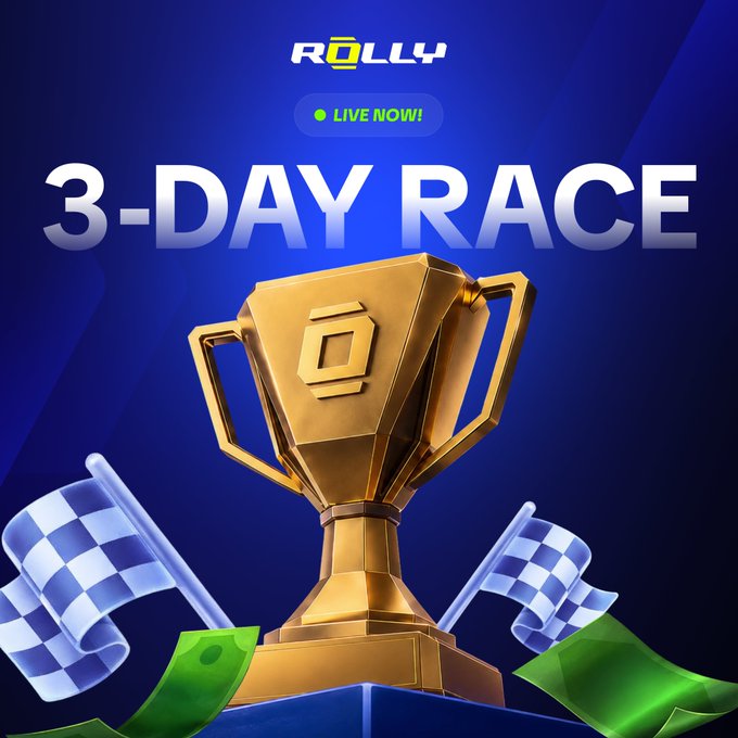 Promotional graphic for ROLLY's '3-DAY RACE' tournament, featuring a gold trophy with the ROLLY logo and checkered flags on a blue background with a 'LIVE NOW!' indicator.