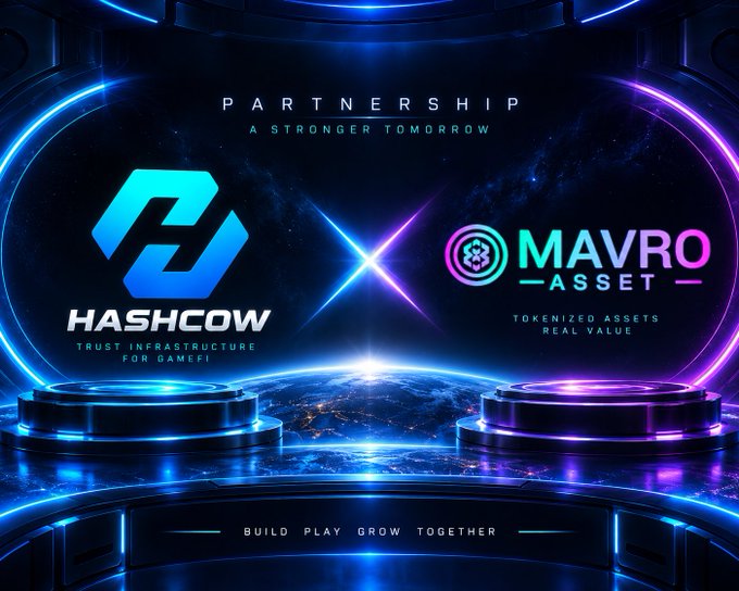 A partnership announcement graphic between 'HASHCOW' (Trust Infrastructure for GameFi) and 'MAVRO ASSET' (Tokenized Assets Real Value) with the tagline 'BUILD PLAY GROW TOGETHER'.