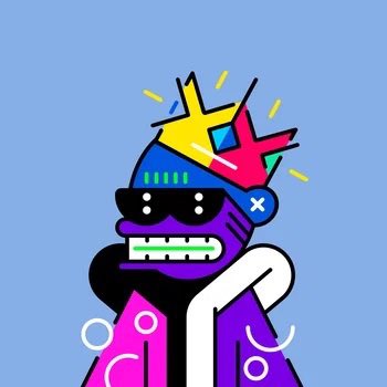 A colorful cartoon character with a purple face, black sunglasses, and an exposed-teeth grimace wears a spiked multicolored crown and a pink jacket with circular patterns, set against a blue background.
