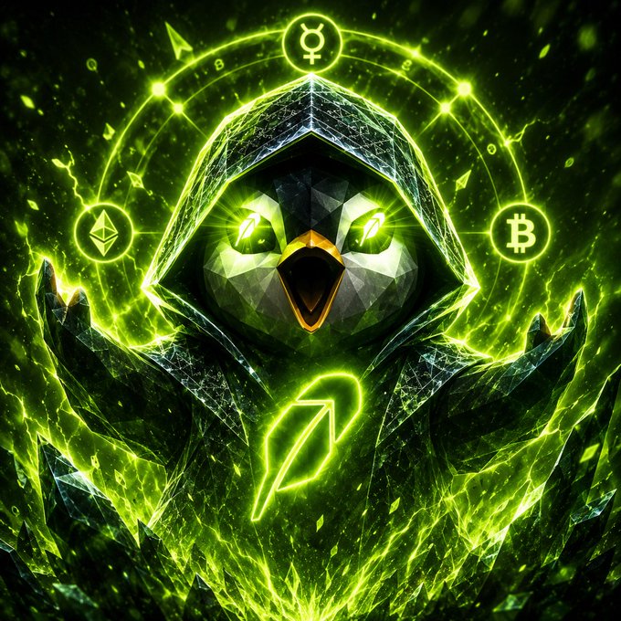 A digital artwork of a hooded, low-poly penguin with glowing green eyes surrounded by green energy, encircled by cryptocurrency symbols including Ethereum, Bitcoin, and others.