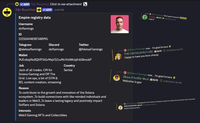 A Discord screenshot showing an 'Empire registry data' entry for user 'dotflamingo' (Aleksa Flamingo) from Serbia, listing contact info, wallet, job (CM for Solana Gaming and Off The Grid), and interests in Web3 Gaming, NFTs and Collectibles.