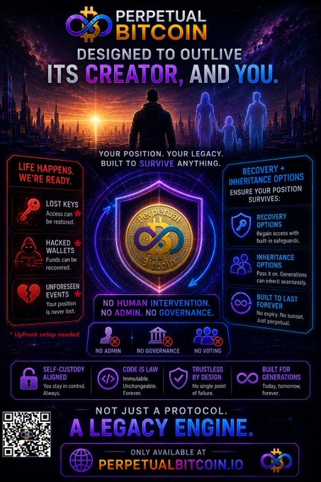 A colorful promotional poster for 'Perpetual Bitcoin' at PERPETUALBITCOIN.IO, featuring a futuristic cityscape and marketing it as 'Designed to outlive its creator, and you' with features like recovery options, inheritance, and built-to-last forever.