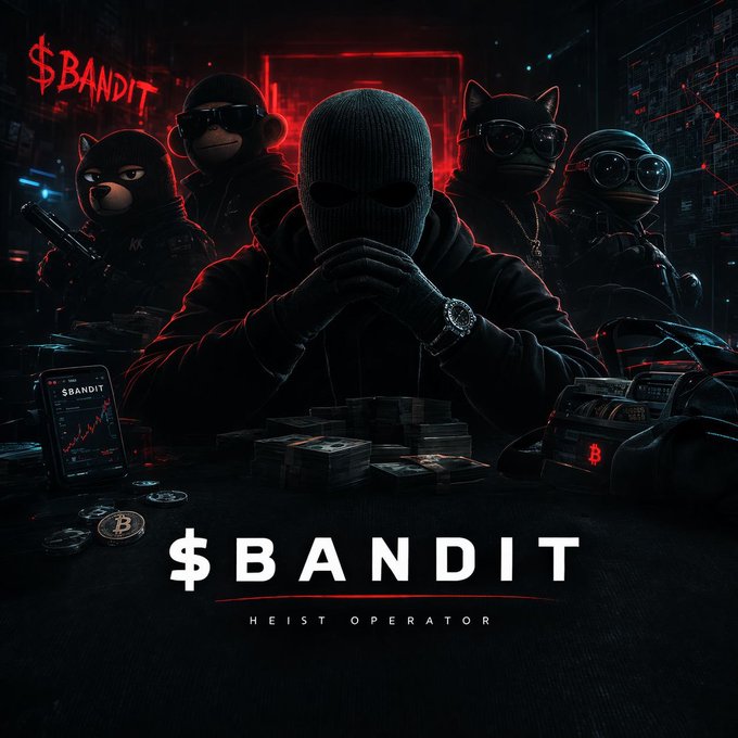 !!!BANDIT!!!, a bandit with a mask and glasses, sits at a table surrounded by other bandits, with a "BANDIT" sign above them.