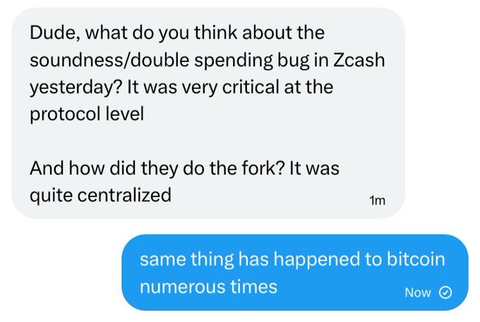 The image shows a text message conversation between two people discussing Bitcoin. One person is asking about the protocol bugs that have occurred with Bitcoin, while the other responds by comparing these issues to a child's birthday party. The conversation also touches on the importance of keeping track of coin migrations and the role of focus groups in mitigating vulnerabilities.