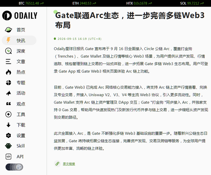 A Chinese cryptocurrency news article from 0DAILY discussing Gate.io's integration with the Arc ecosystem to enhance multi-chain Web3 layout, with crypto prices BTC, ETH, HTX, and SOL displayed at the top.