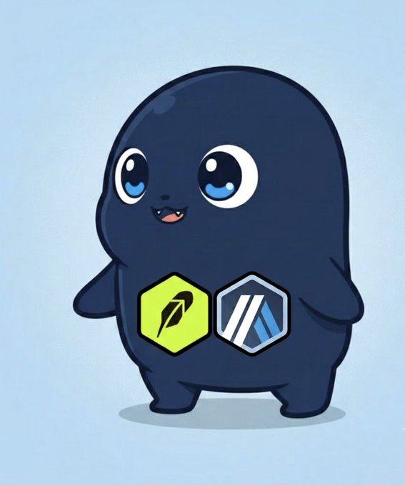 A cute dark blue cartoon creature with large expressive eyes, displaying a green feather/quill logo and a hexagonal logo on its belly, set against a light blue background.