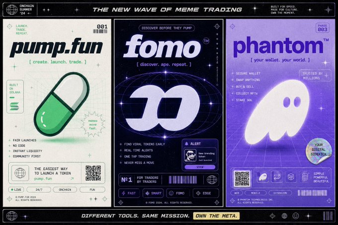 Retrowave-style graphic promoting 'THE NEW WAVE OF MEME TRADING' featuring three panels for 'pump.fun' (create, launch, trade), 'fomo' (discover, ape, repeat), and 'phantom' wallet, with the tagline 'DIFFERENT TOOLS. SAME MISSION. OWN THE META.'