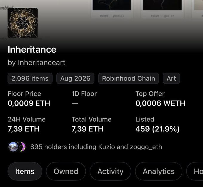 A screenshot of an NFT collection page titled 'Inheritance' by Inheritanceart, with 2,096 items, a floor price of 0.0009 ETH, and 895 holders including Kuzio and zoggo_eth.