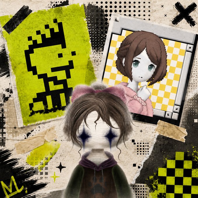 A digital art piece featuring anime-style characters on a grunge background with pixel art elements and checkered patterns.
