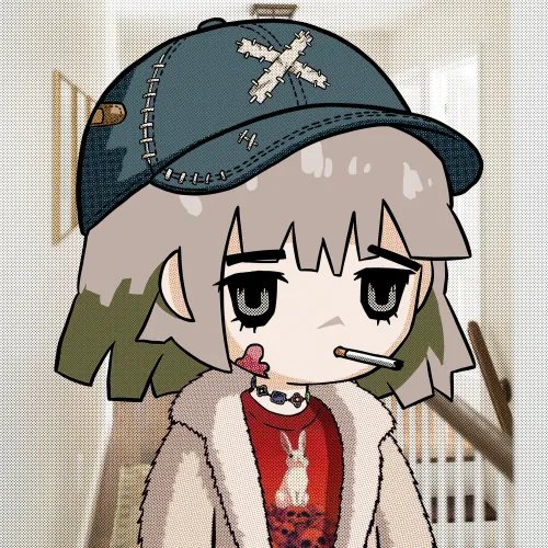 A pixel-art style illustration of a character with messy gray-green hair wearing a stitched blue cap with an 'X' on it, a fur coat, and a red shirt featuring a white bunny design, while smoking a cigarette.
