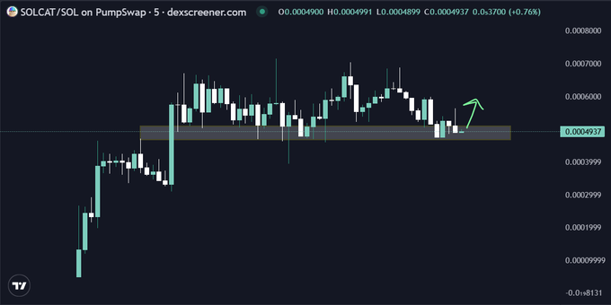 A candlestick chart of SOLCAT/SOL on Pumpswap shows the price consolidating around the 0.0004937 level, with a green arrow indicating a potential bullish breakout following the post's thesis that SOL is poised for a meme coin runner similar to BASE's BASECAT.