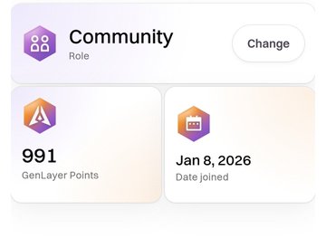 A user profile displays a Community role, 991 GenLayer Points, and a January 8, 2026 join date. The image corresponds to the post announcing the conversion of previous Community and Builders points into GLP (GenLayer Airdrop) points, with the shown balance reflecting the user's allocated share of the 10M GLP airdrop.