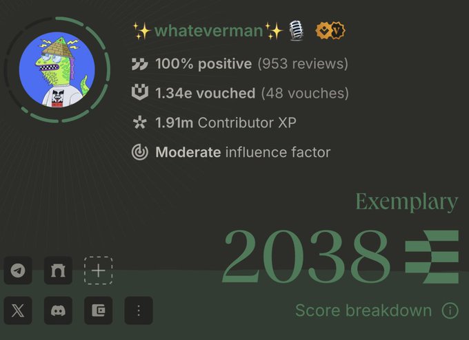 The image shows a profile summary for user "whateverman" featuring a cartoon pickle avatar, displaying 100% positive reviews (953), 1.34e vouched credentials, 1.91m Contributor XP, and an "Exemplary" score of 2038, which appears to be social capital metrics from a platform like KaitoAI referenced in the post.