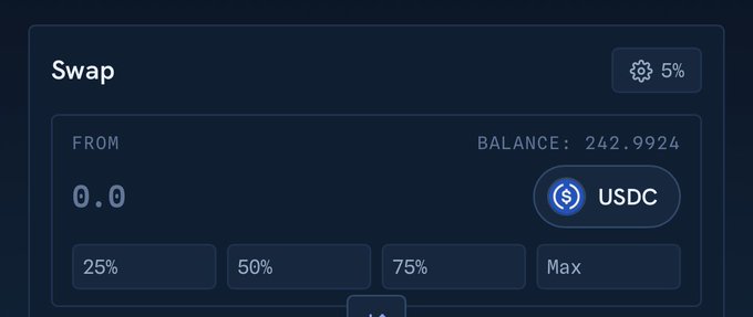 The image shows a cryptocurrency "Swap" interface with a USDC token selected, displaying a balance of 242.9924 and a current input of 0.0, with a 5% slippage setting. This relates to the post by illustrating the tool used to send 1 USDC via the ARC network, though the swap function shown would not be the method used for direct transfers.