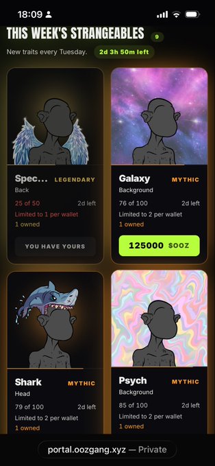A mobile app screenshot titled "THIS WEEK'S STRANGEABLES" showing collectible traits like "Spec...", "Galaxy", "Shark", and "Psych" available for purchase on the "portal.oozgang.xyz" site.