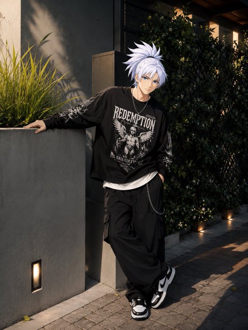 The image features a man wearing black clothing, including pants and shoes, standing next to a wall with his hands on it. The man has blue hair styled like an eagle's head, giving him a unique appearance. He is posing for a picture in front of a building or a house, which adds context to the setting.