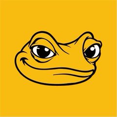 A simple cartoon illustration of a smiling yellow frog face with large eyes on a bright yellow background.