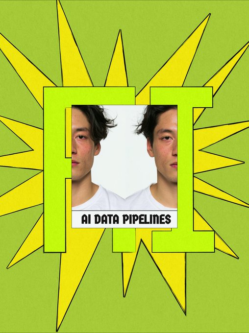 The image features a graphic design with two men's faces superimposed onto each other against a green background, which appears to be a starburst pattern. The text "AI data pipelines" is written below the faces, indicating that this is related to AI or machine learning applications. The focus of the post seems to be on usability and how to make an AI data pipeline more user-friendly by separating raw and processed files, version datasets, and using consistent formats for training needs.
