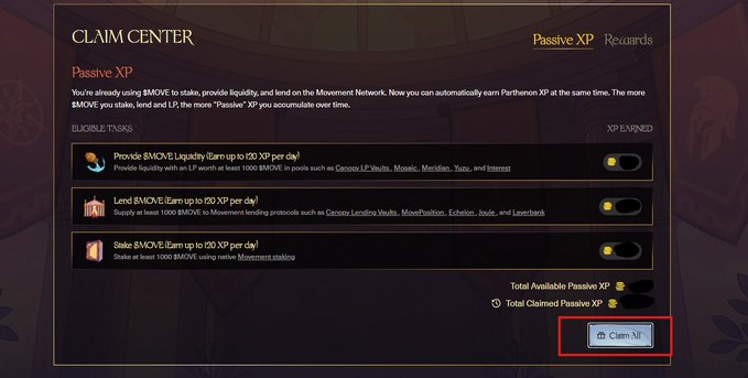 A screenshot of a 'CLAIM CENTER' interface from a game, showing options to earn Passive XP by providing MOVE liquidity, lending MOVE, or staking MOVE, with a red box highlighting the 'Claim All' button at the bottom right.