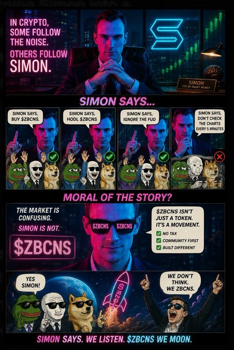 A neon-lit comic-style promotional graphic features "Simon Says" instructing crypto investors to buy $ZBCNS, hold $ZBCNS, ignore FUD, and avoid checking charts, framed as "SIMON SAYS. WE LISTEN. $ZBCNS WE MOON." The meme ties into a post announcing bounties on Pumpfun for the $ZBCNS token, with Simon depicted as the all-knowing leader while meme characters (Frog, Wojak, Doge) follow his commands—reinforcing the call-to-action to participate in the $ZBCNS community bounty.