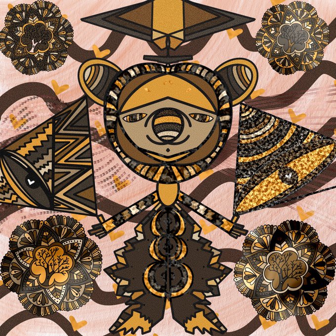 A folk art mixed-media illustration of a bear-like figure with geometric patterns, surrounded by decorative floral mandalas in brown, gold, and pink hues.