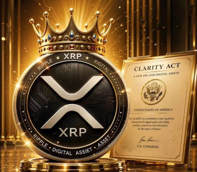 A large XRP-branded coin topped with an ornate gold crown sits beside a framed "Clarity Act — A New Era for Digital Assets" document issued by the United States of America, symbolizing the cryptocurrency's anticipated regulatory triumph and the celebratory tone of the post claiming XRP is "going to make history."