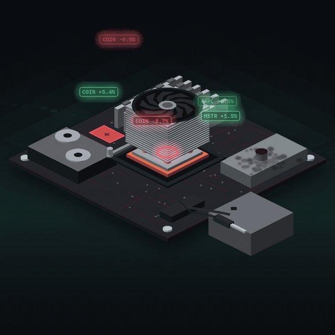 A stylized motherboard with a CPU cooler is overlaid with floating green and red ticker labels (COIN, AAPL, MSTR) showing various percentage changes, visually representing the volatile, unpredictable market environment referenced in the post's theme of "prd chaos."