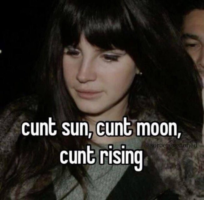 A meme of a brunette woman looking downward with the text 'cunt sun, cunt moon, cunt rising' overlaid in white.