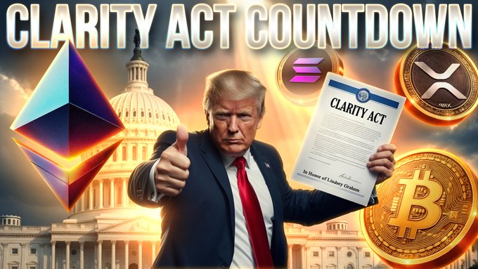 This image depicts Donald Trump holding a document titled "CLARITY ACT" in front of the US Capitol, surrounded by cryptocurrency logos like Bitcoin, Ethereum, Solana, and XRP. The title "CLARITY ACT COUNTDOWN" and the surrounding crypto imagery suggest a critical moment for these digital assets in relation to potential new legislation.