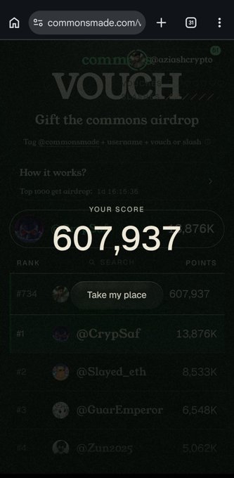 A screenshot of the commonsmade.com website showing a 'VOUCH' page with a score of 607,937 displayed prominently, with leaderboard entries including @CrypSaf, @Slayed_eth, and @GuarEmperor.