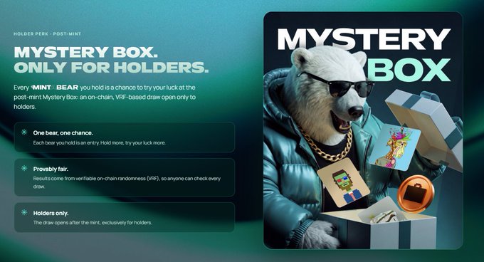 A promotional graphic for 'Holder Perk - Post-Mint' featuring a Mystery Box available only to MINT BEAR holders, with details on one-bear-one-chance entries, provably fair VRF draws, and holders-only access.