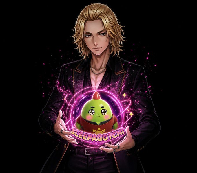 The image features a man holding up a green toy with a big smile, surrounded by purple lights and sparks. The text "SLEEPAGOTCH" can be seen near the bottom of the image. This suggests that the image might be related to a project called Sleepagotch or something similar, where the main focus is on developing habits for better sleep and overall well-being. The man holding up the green toy could symbolize the importance of incorporating healthy habits into one's daily routine, such as maintaining a consistent sleep schedule and engaging in activities that promote relaxation and restful sleep.