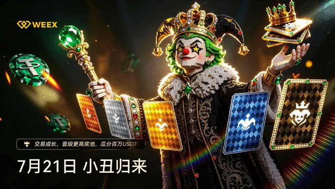 WEEX cryptocurrency advertisement featuring a jester character with green hair holding a scepter, displaying various cards and gems with text reading '7月21日 小丑归来' (July 21, The Jester Returns).