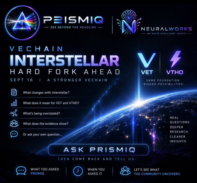 A promotional poster for 'PRISMIQ' and 'NEURALWORKS' about the VeChain 'INTERSTELLAR HARD FORK AHEAD SEPT 16 - A STRONGER VECHAIN', featuring VET and VTHO logos.