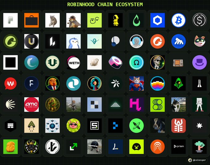 A dark grid displaying numerous cryptocurrency and token logos under the yellow title 'ROBINHOOD CHAIN ECOSYSTEM', credited to '@coinsniper'.
