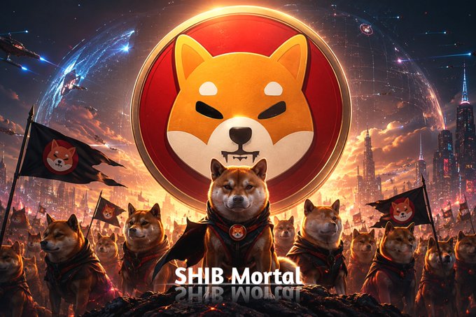 A stylized Shiba Inu character stands at the center of an army of similarly-dressed dog warriors, with a large circular emblem of the iconic Shiba face behind them, alongside the text "SHIB Mortal." The image visually represents the post's narrative of Shiba Inu ($SHIB) building a loyal "army" ready for the next bull run.