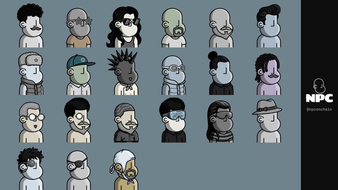 A collection of 21 stylized NPC character avatars displayed in a grid, with the branding "NPC @npconchain" on the right side. The diverse cast of cartoon figures features various hairstyles, sunglasses, masks, and hats, tying in with the tweet's playful reference to non-player characters and the "greed" associated with greed-based meme characters.