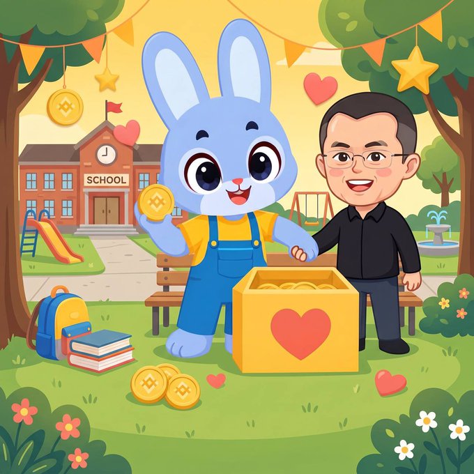 A cartoon illustration showing a blue bunny mascot and a man with glasses standing by a yellow donation box with a red heart, with gold coins and a school building in the background.