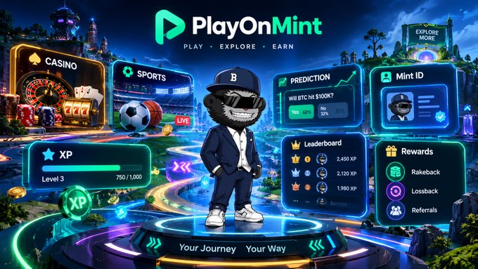 A vibrant digital graphic for 'PlayOnMint' features a suited, anthropomorphic mascot character wearing sunglasses, standing on a platform surrounded by UI panels for 'CASINO', 'SPORTS', 'PREDICTION', 'Mint ID', 'XP', 'Leaderboard', and 'Rewards'.