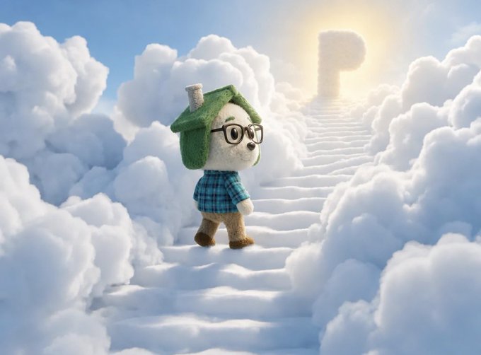 A plush bear character wearing glasses and a green knit hat walks up fluffy white cloud stairs toward a glowing doorway.
