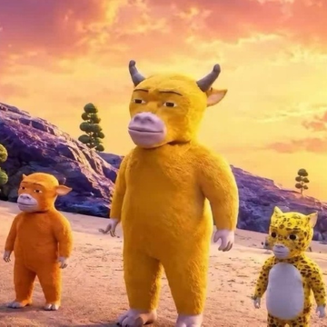 A rendered scene of three anthropomorphic furry characters—a yellow bull, a brown bear, and a leopard—standing in a desert landscape at sunset.