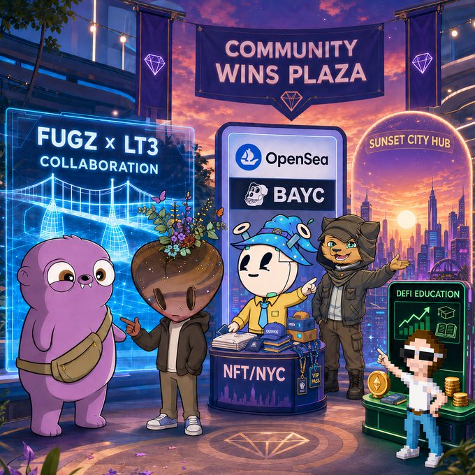 An illustrated NFT/NYC event poster titled 'COMMUNITY WINS PLAZA' featuring cartoon mascots at booths including 'FUGZ x LT3 Collaboration', 'OpenSea BAYC', 'Sunset City Hub', and 'DeFi Education'.
