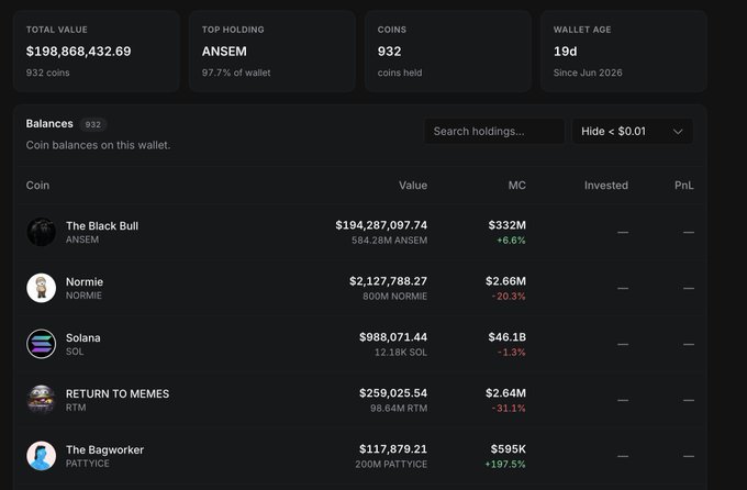 This image shows a crypto wallet dashboard displaying holdings led by "The Black Bull" (ANSEM) at $194M of a $198.8M total value, with notable positions including Solana at ~$988K and "The Bagworker" ($PATTYICE) showing a strong +197.5% gain at $117.8K. The post references scaling into $PATTYICE ("The Bagworker"), which directly corresponds to the highlighted bag token on the dashboard showing impressive returns.