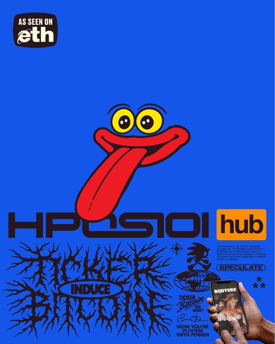 A graphic design with a blue background displays a cartoon tongue face above the text 'HPE SI01 hub' and 'AS SEEN ON eth', along with various smaller logos like 'INDUCE', 'SPECULATE', and 'BOOTERS'.