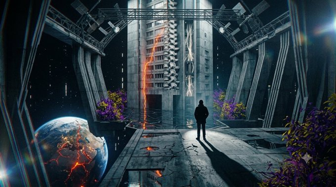 A lone figure stands on a cracked platform overlooking a fractured Earth, with a massive, dilapidated building cracking open and glowing with lava in the background of a space station.