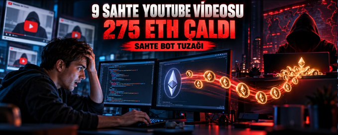 The image is a YouTube thumbnail showing a stressed man at a computer with multiple monitors displaying code and floating Ethereum coins, alongside a shadowy hooded figure representing a hacker. The bold Turkish text reads "9 SAHTE YOUTUBE VİDEOSU 275 ETH ÇALDI - SAHTE BOT TUZAĞI," which matches the post about fake AI arbitrage bot tutorials stealing 275 ETH from viewers who deployed malicious smart contract code themselves.