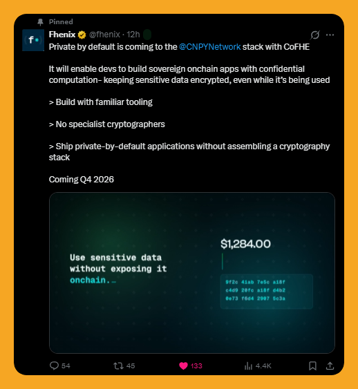 Pinned post from Fhenix (@fhenix) announcing that 'Private by default is coming to the @CNPYnetwork stack with CoFHE,' enabling devs to build sovereign onchain apps with confidential computation, coming Q4 2026.